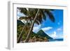 Gros Piton, with palm trees and thatched sun umbrellas, Sugar Beach, St. Lucia, Windward Islands, W-Martin Child-Framed Photographic Print