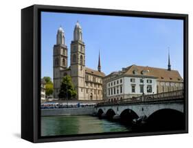 Grossmunster Church and Munster Bridge over the River Limmat, Zurich, Switzerland, Europe-Richardson Peter-Framed Stretched Canvas