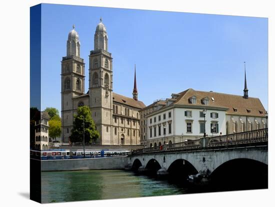 Grossmunster Church and Munster Bridge over the River Limmat, Zurich, Switzerland, Europe-Richardson Peter-Stretched Canvas