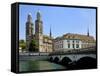 Grossmunster Church and Munster Bridge over the River Limmat, Zurich, Switzerland, Europe-Richardson Peter-Framed Stretched Canvas