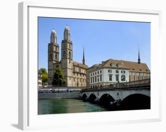 Grossmunster Church and Munster Bridge over the River Limmat, Zurich, Switzerland, Europe-Richardson Peter-Framed Photographic Print