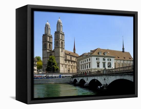 Grossmunster Church and Munster Bridge over the River Limmat, Zurich, Switzerland, Europe-Richardson Peter-Framed Stretched Canvas