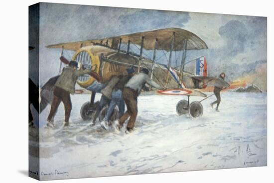 Ground Crew and Pilot Manhandle a French Spad Fighter Through the Snow to a Hangar, January 1918-Francois Flameng-Stretched Canvas