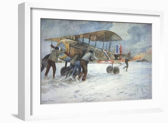 Ground Crew and Pilot Manhandle a French Spad Fighter Through the Snow to a Hangar, January 1918-Francois Flameng-Framed Giclee Print