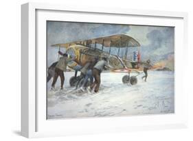 Ground Crew and Pilot Manhandle a French Spad Fighter Through the Snow to a Hangar, January 1918-Francois Flameng-Framed Giclee Print