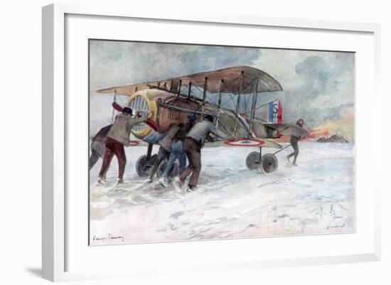 Ground Crew Attending to a French Spad on a Snow-Covered Field, 1918-Francois Flameng-Framed Giclee Print