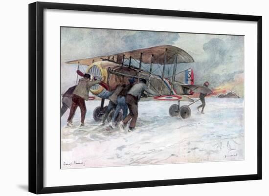 Ground Crew Attending to a French Spad on a Snow-Covered Field, 1918-Francois Flameng-Framed Giclee Print