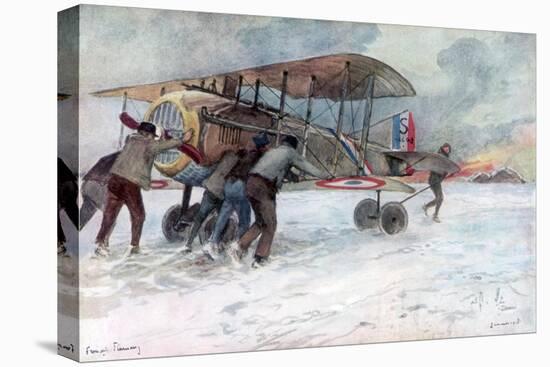 Ground Crew Attending to a French Spad on a Snow-Covered Field, 1918-Francois Flameng-Stretched Canvas