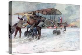 Ground Crew Attending to a French Spad on a Snow-Covered Field, 1918-Francois Flameng-Stretched Canvas