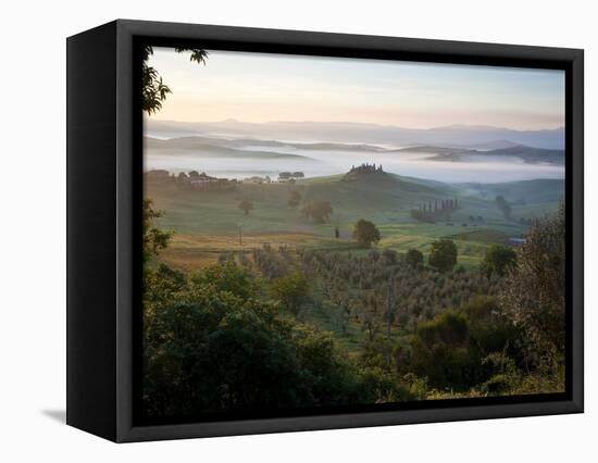 Ground fog at dawn in Val d'Orcia-Peter Adams-Framed Stretched Canvas