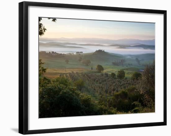 Ground fog at dawn in Val d'Orcia-Peter Adams-Framed Photographic Print