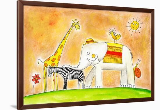 Group Of Animals, Child'S Drawing Watercolor Painting-brozova-Framed Art Print