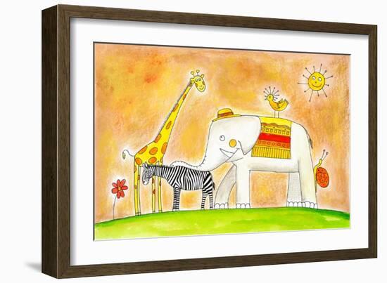 Group Of Animals, Child'S Drawing Watercolor Painting-brozova-Framed Art Print