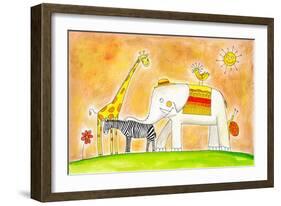 Group Of Animals, Child'S Drawing Watercolor Painting-brozova-Framed Art Print