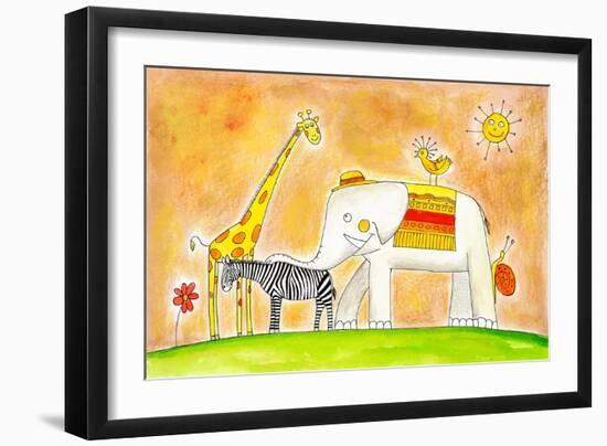 Group Of Animals, Child'S Drawing Watercolor Painting-brozova-Framed Art Print