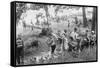 Group of Boys Carry Loaves of Bread from Wagons Near Beach Front in Woods.-null-Framed Stretched Canvas