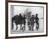 Group of Boys Lean Against the Dock Railings and Watch a Steamship Being Built-null-Framed Art Print