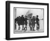 Group of Boys Lean Against the Dock Railings and Watch a Steamship Being Built-null-Framed Art Print