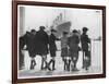 Group of Boys Lean Against the Dock Railings and Watch a Steamship Being Built-null-Framed Art Print