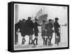 Group of Boys Lean Against the Dock Railings and Watch a Steamship Being Built-null-Framed Stretched Canvas