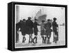 Group of Boys Lean Against the Dock Railings and Watch a Steamship Being Built-null-Framed Stretched Canvas