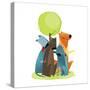 Group of Cartoon Dogs Sitting under Tree Smiling. Group of Cartoon Dogs under Green Tree on White B-Popmarleo-Stretched Canvas