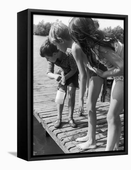 Group of Children Fishing from a Jetty-null-Framed Stretched Canvas