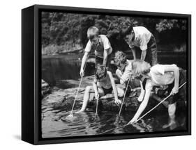 Group of Children Fishing in a Stream with Nets-null-Framed Stretched Canvas
