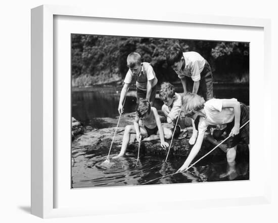 Group of Children Fishing in a Stream with Nets-null-Framed Photographic Print