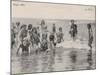 Group of Children in Striped Bathing Costumes Paddle Happily in the Surf at Heyst Sur Mer Belgium-null-Mounted Photographic Print