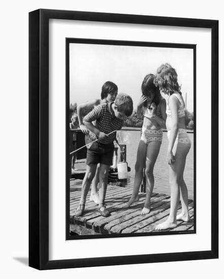 Group of Children Including Girls in Bikinis Inspect Their Net for Fish-null-Framed Premium Photographic Print
