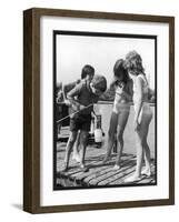 Group of Children Including Girls in Bikinis Inspect Their Net for Fish-null-Framed Photographic Print