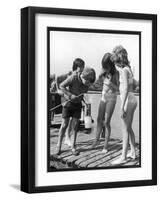 Group of Children Including Girls in Bikinis Inspect Their Net for Fish-null-Framed Photographic Print