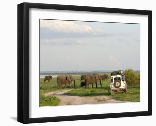 Group of Elephants and Landrover, Chobe National Park, Botswana, Africa-Peter Groenendijk-Framed Premium Photographic Print