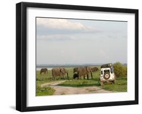 Group of Elephants and Landrover, Chobe National Park, Botswana, Africa-Peter Groenendijk-Framed Premium Photographic Print