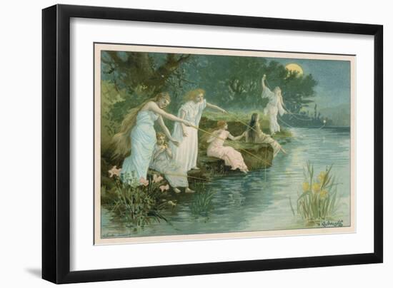 Group of Fairies Fishing in the River for Stars-P. Kauffmann-Framed Art Print