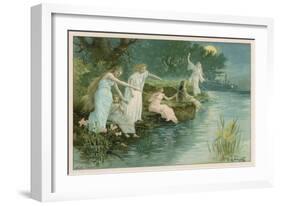 Group of Fairies Fishing in the River for Stars-P. Kauffmann-Framed Art Print