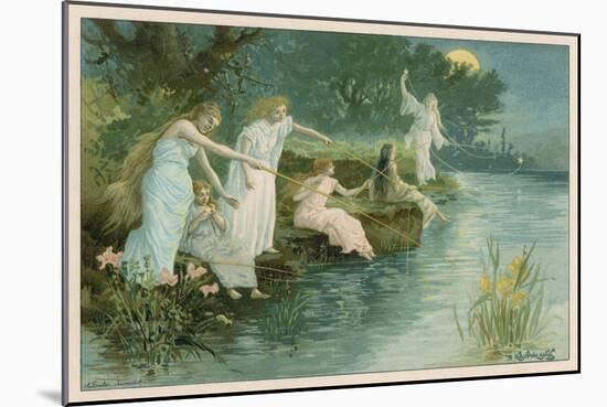 Group of Fairies Fishing in the River for Stars-P. Kauffmann-Mounted Art Print