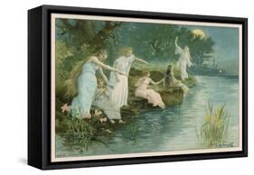 Group of Fairies Fishing in the River for Stars-P. Kauffmann-Framed Stretched Canvas