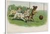 Group of Four Dogs Play a Lively Game of Football One of Them is About to Score a Goal-null-Stretched Canvas