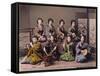 Group of Geisha Girls Playing Musical Instruments (Hand Coloured Albumen Print on Card)-Kusakabe Kimbei-Framed Stretched Canvas