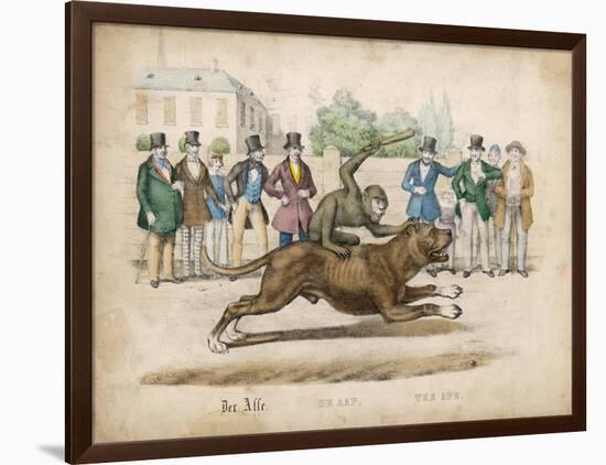 Group of Gentlemen Watch a Monkey Riding a Dog-null-Framed Art Print