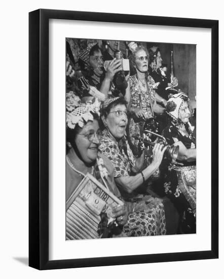 Group of Grandmotherly Residents Playing on Kitchenware Instruments for Friends-Lisa Larsen-Framed Premium Photographic Print