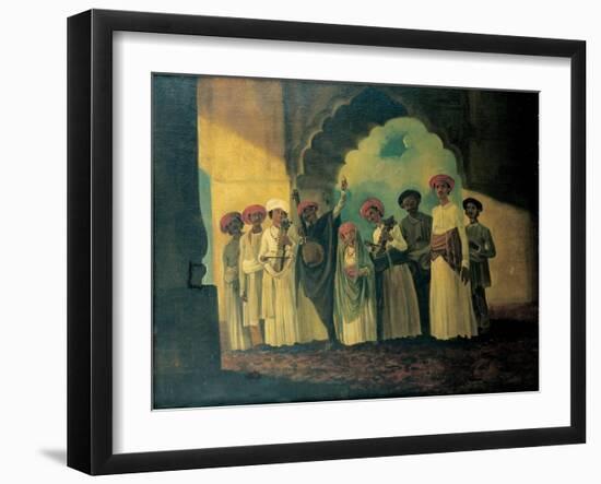 Group of Indian Musicians Playing a Sarangi, a Tambura and Tablas, with a Girl Dancing on a Terrace-William Hodges-Framed Giclee Print