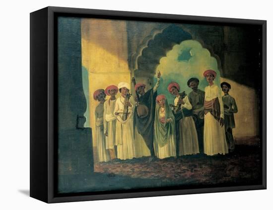 Group of Indian Musicians Playing a Sarangi, a Tambura and Tablas, with a Girl Dancing on a Terrace-William Hodges-Framed Stretched Canvas
