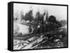 Group of Lumberjacks on Large Log Photograph - Cascades, WA-Lantern Press-Framed Stretched Canvas