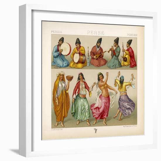 Group of Persian Musicians Play on a Variety of Instruments-Dambourget-Framed Art Print