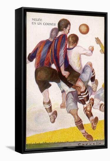 Group of Players Challenge for a Corner Ball in the Air-null-Framed Stretched Canvas