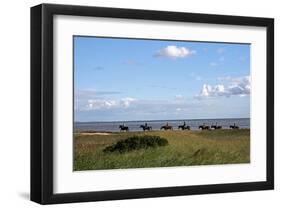 Group of riders in the Braderup Heath, Wenningstedt, Sylt, Schleswig Holstein, Germany-null-Framed Art Print