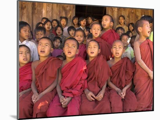 Group of School Children, Including Young Monks, Singing, Village of Thit La, Shan State, Myanmar-Eitan Simanor-Mounted Photographic Print